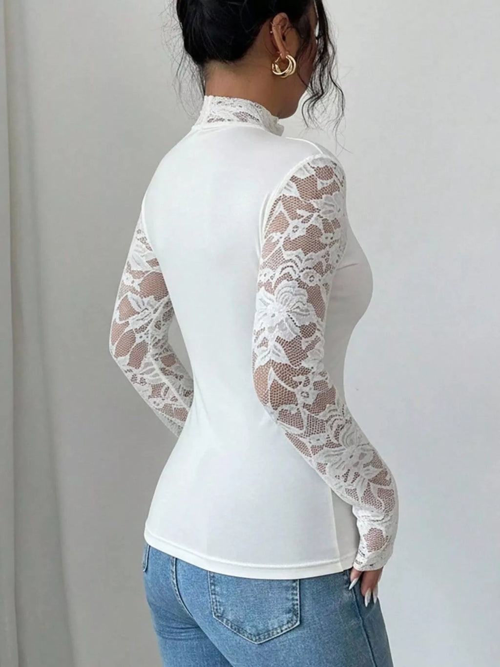 Lace Sleeve Long Sleeve T-Shirt - Godess beauty 