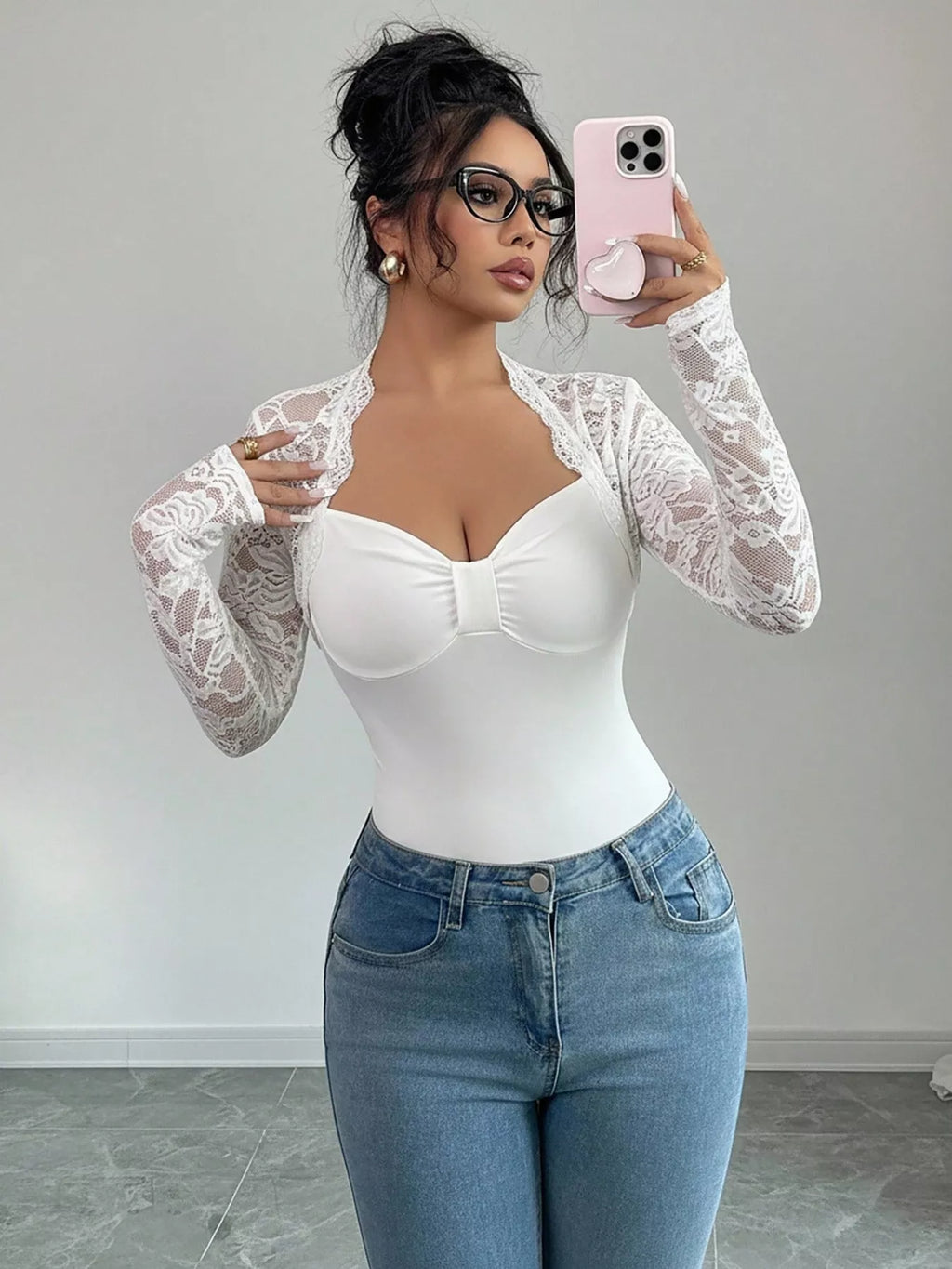 Lace Sleeve Long Sleeve T-Shirt - Godess beauty 