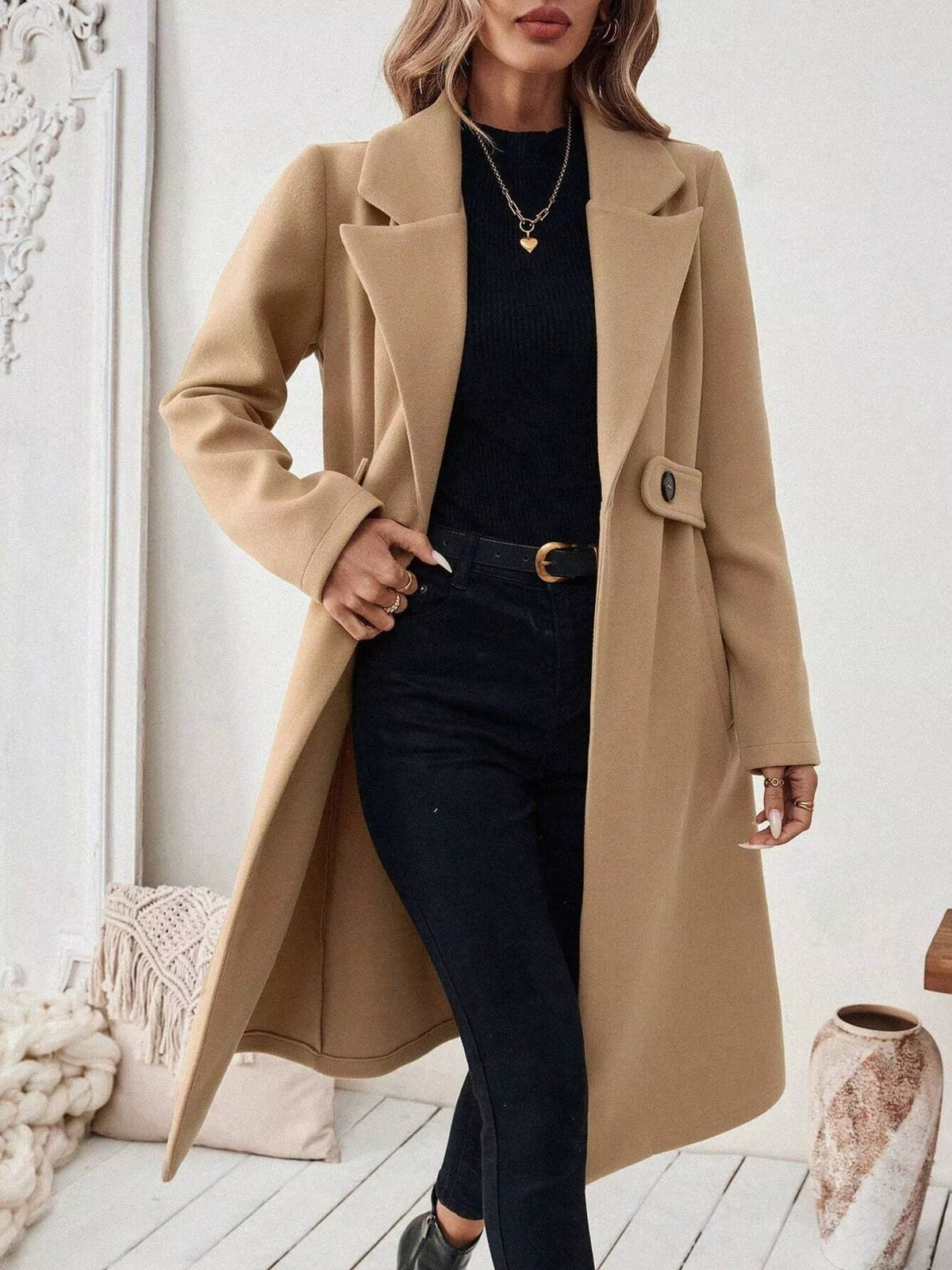Lapel Collar Longline Coat - Godess Beauty  #