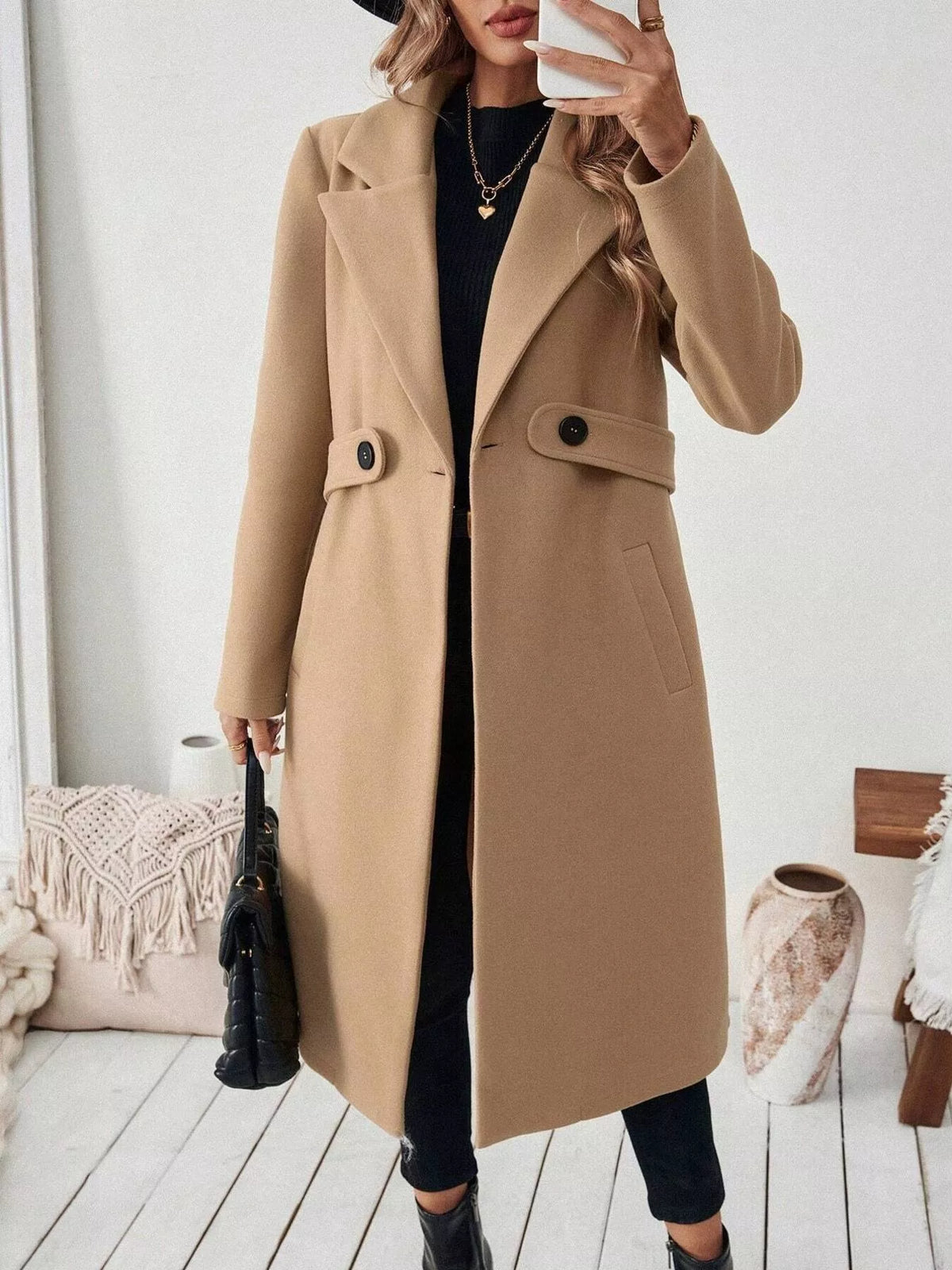 Lapel Collar Longline Coat - Godess Beauty  #
