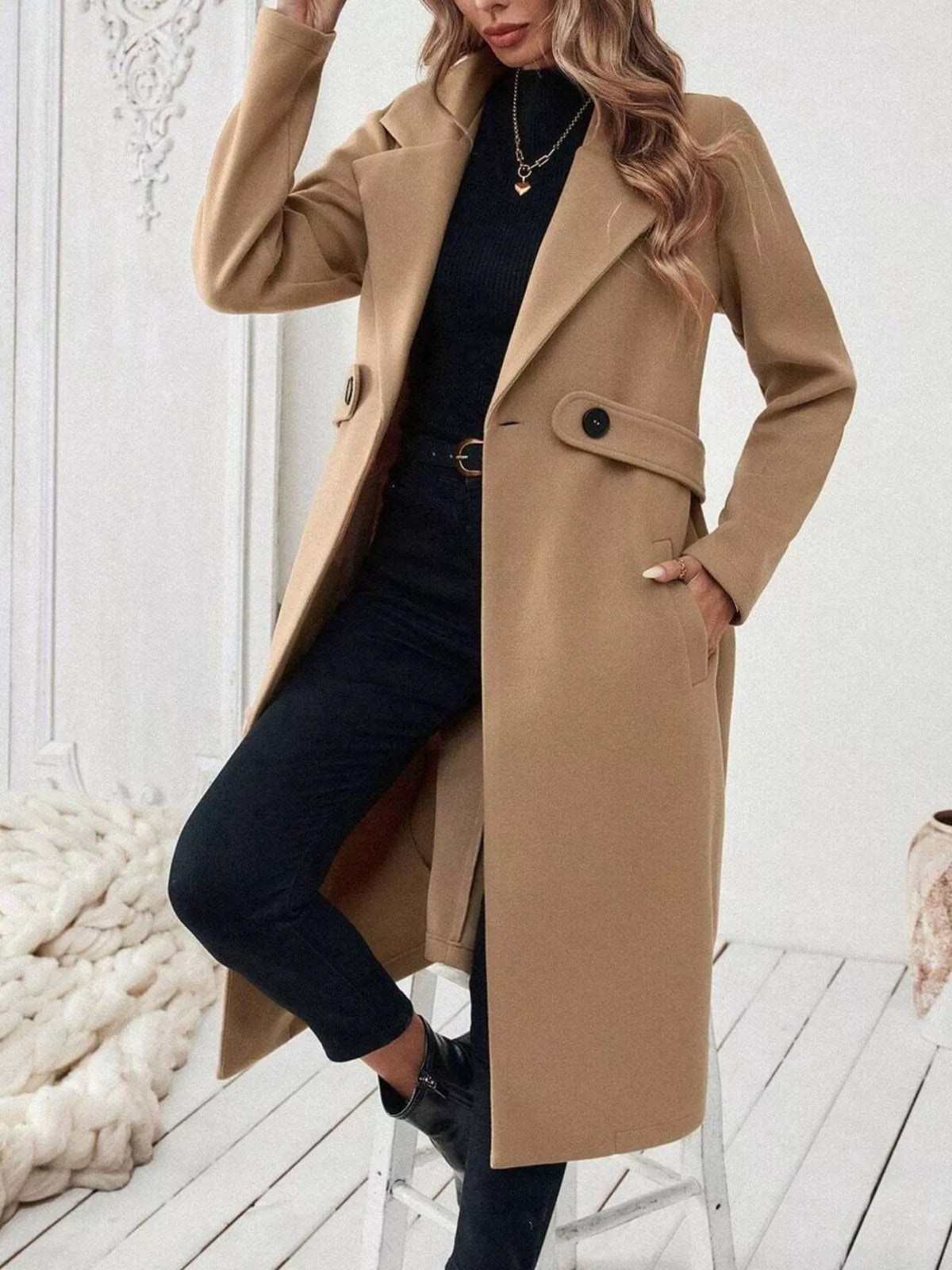 Lapel Collar Longline Coat - Godess Beauty  #