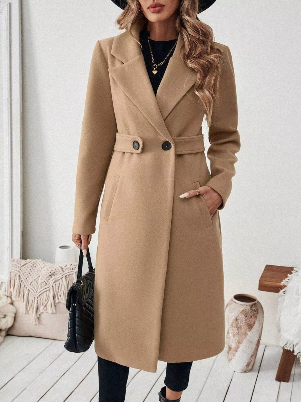 Lapel Collar Longline Coat - Godess Beauty  #