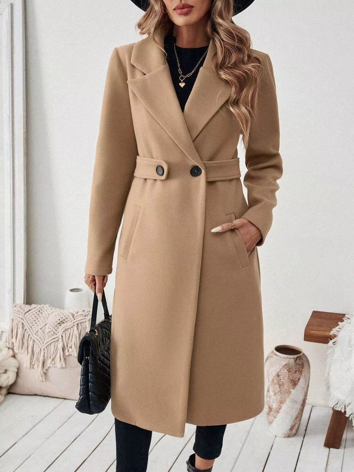 Lapel Collar Longline Coat - Godess Beauty  #