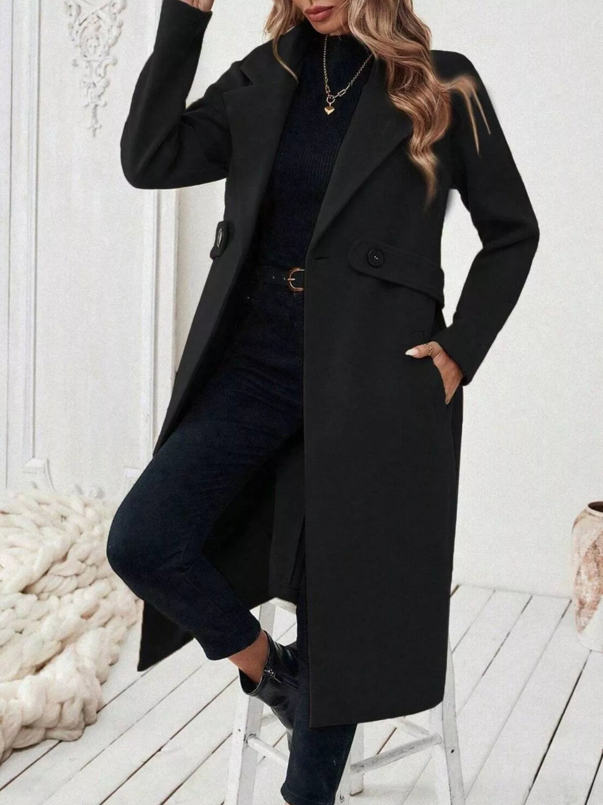 Lapel Collar Longline Coat - Godess Beauty  #