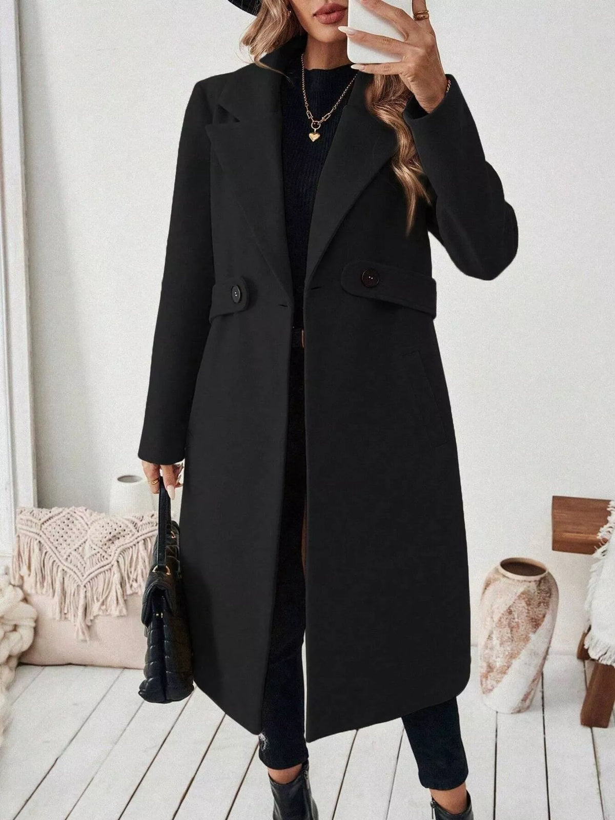 Lapel Collar Longline Coat - Godess Beauty  #