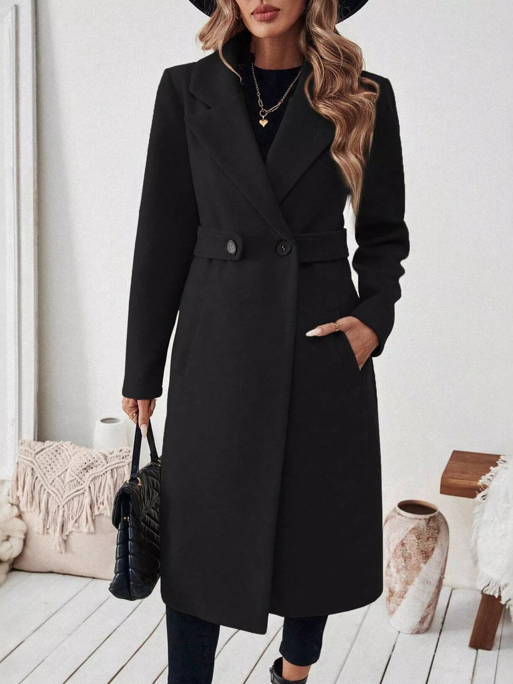 Lapel Collar Longline Coat - Godess Beauty  #