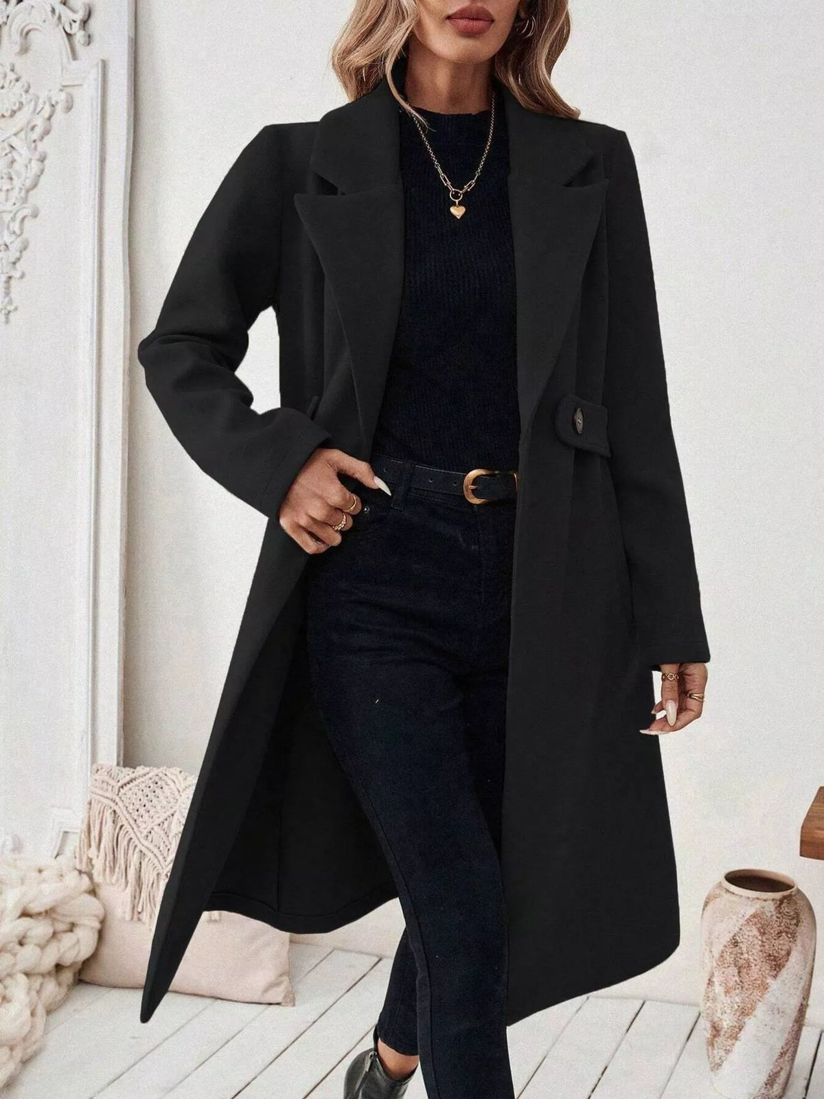 Lapel Collar Longline Coat - Godess Beauty  #