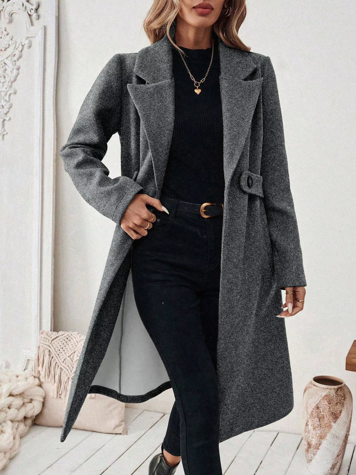 Lapel Collar Longline Coat - Godess Beauty  #