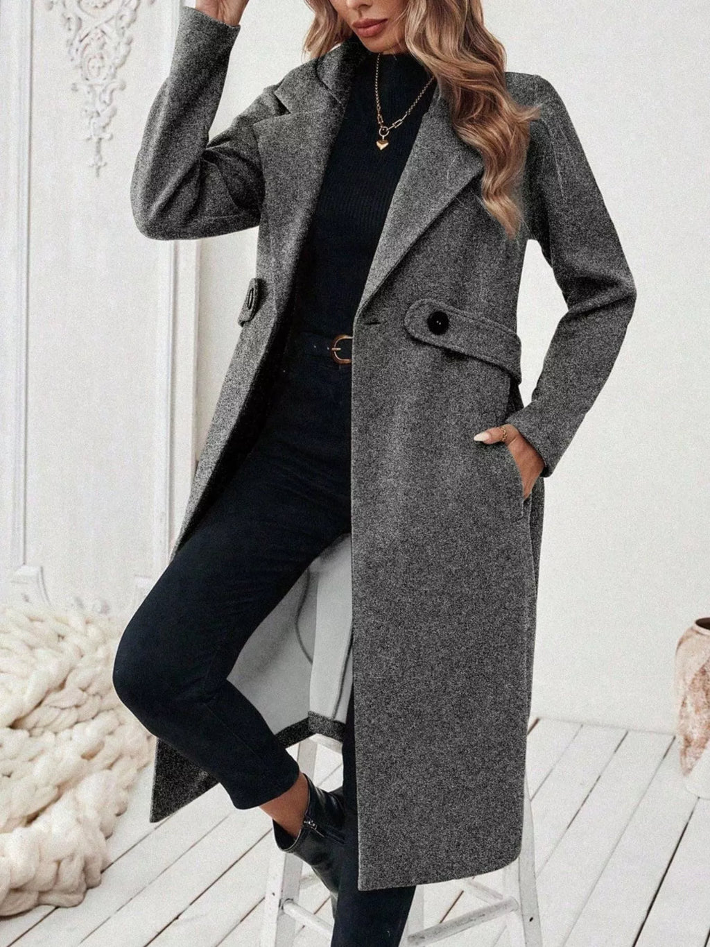 Lapel Collar Longline Coat - Godess Beauty  #