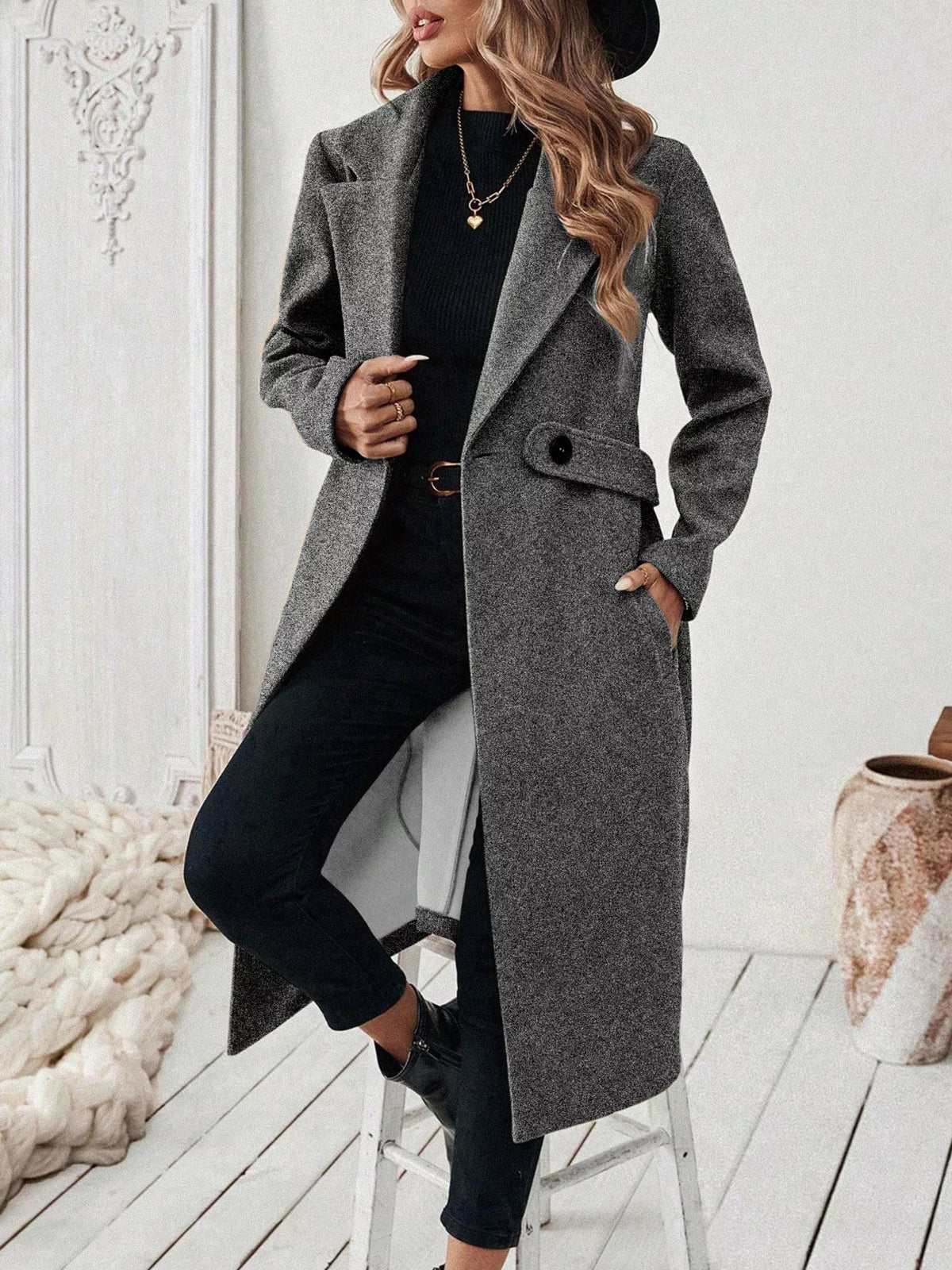 Lapel Collar Longline Coat - Godess Beauty  #