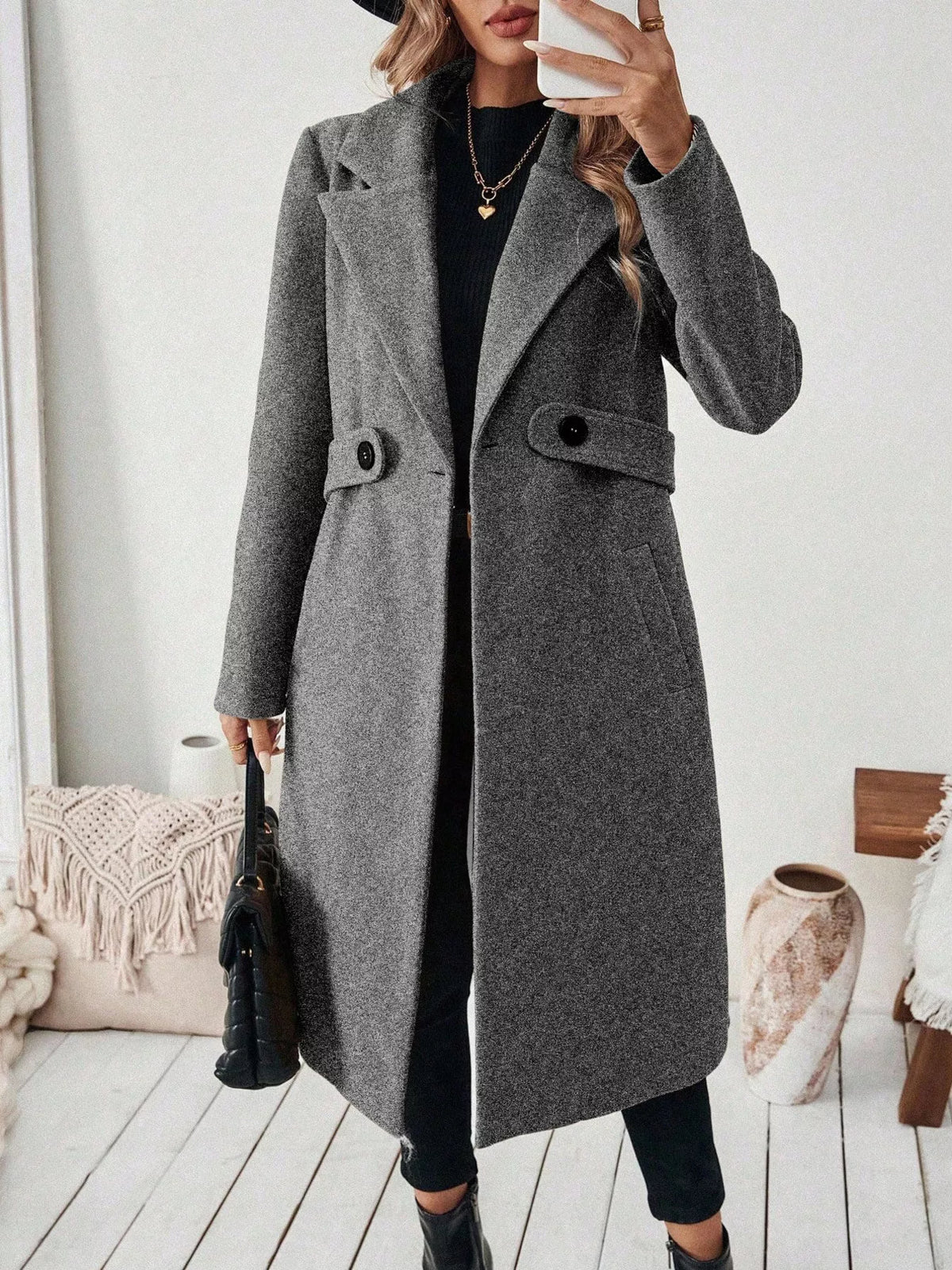 Lapel Collar Longline Coat - Godess Beauty  #