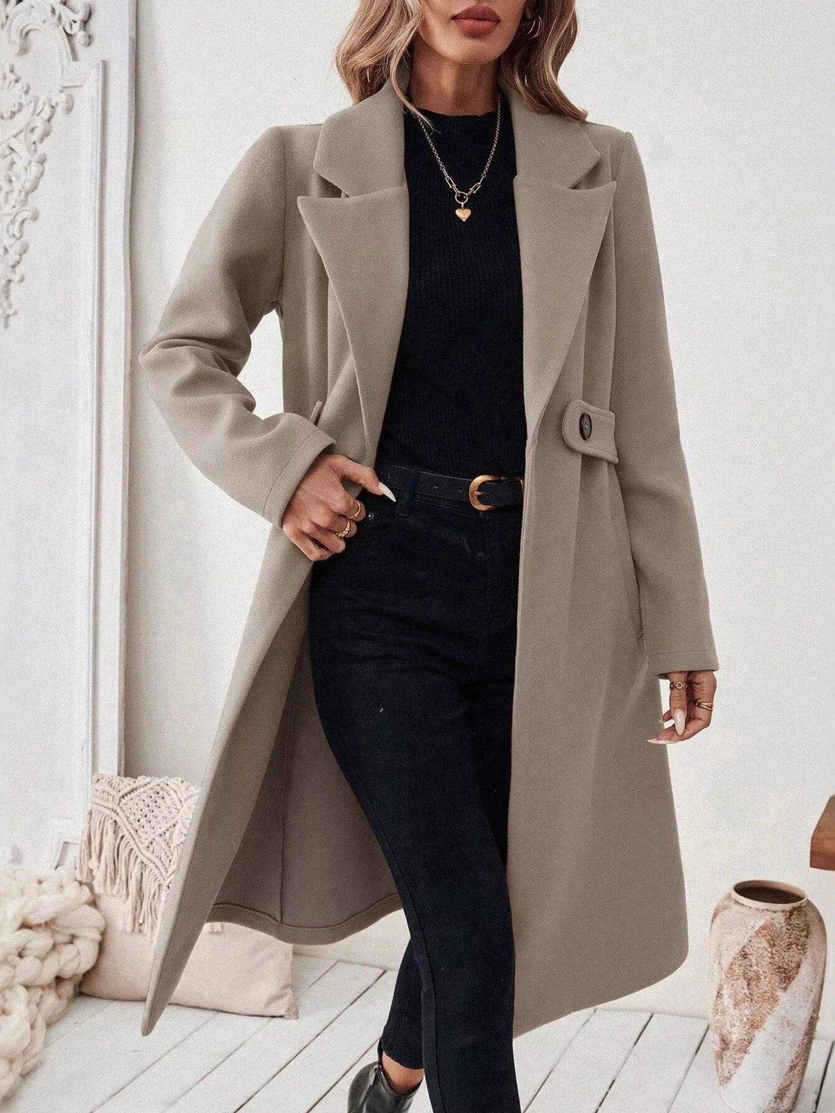 Lapel Collar Longline Coat - Godess Beauty  #
