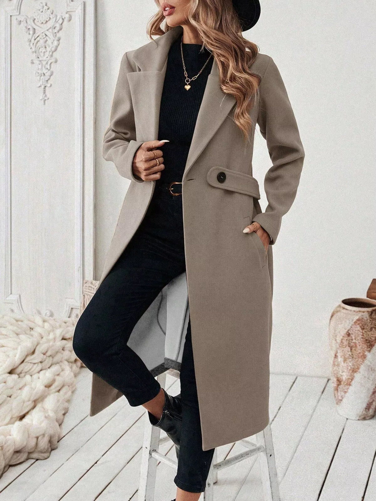 Lapel Collar Longline Coat - Godess Beauty  #