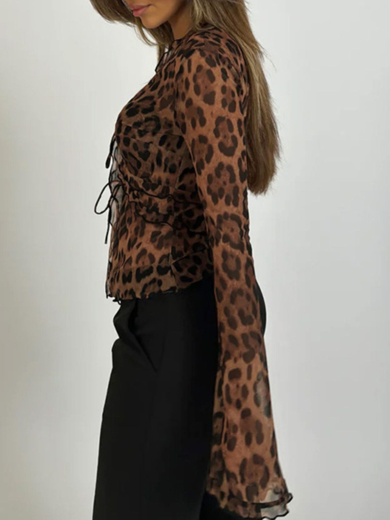 Leopard Print Tie Front Blouse - Godess beauty  #
