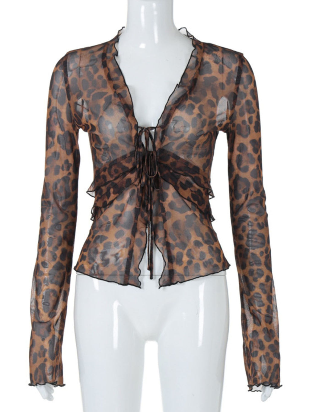 Leopard Print Tie Front Blouse - Godess beauty  #