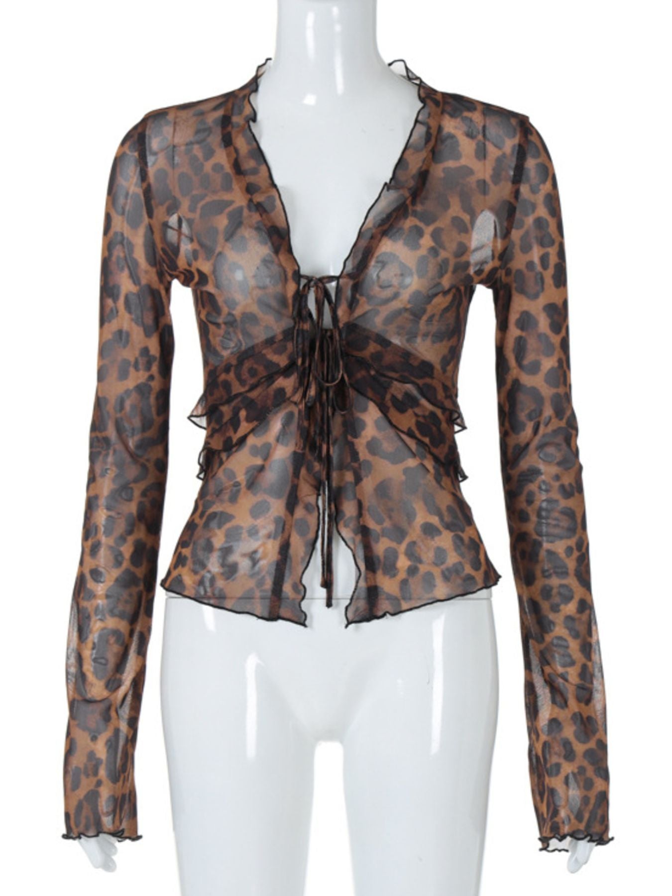 Leopard Print Tie Front Blouse - Godess beauty  #