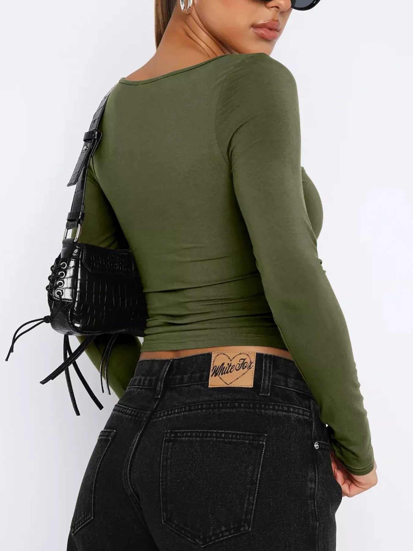 Long Sleeve Sweetheart Neck Crop T-Shirt - Godess beauty  #