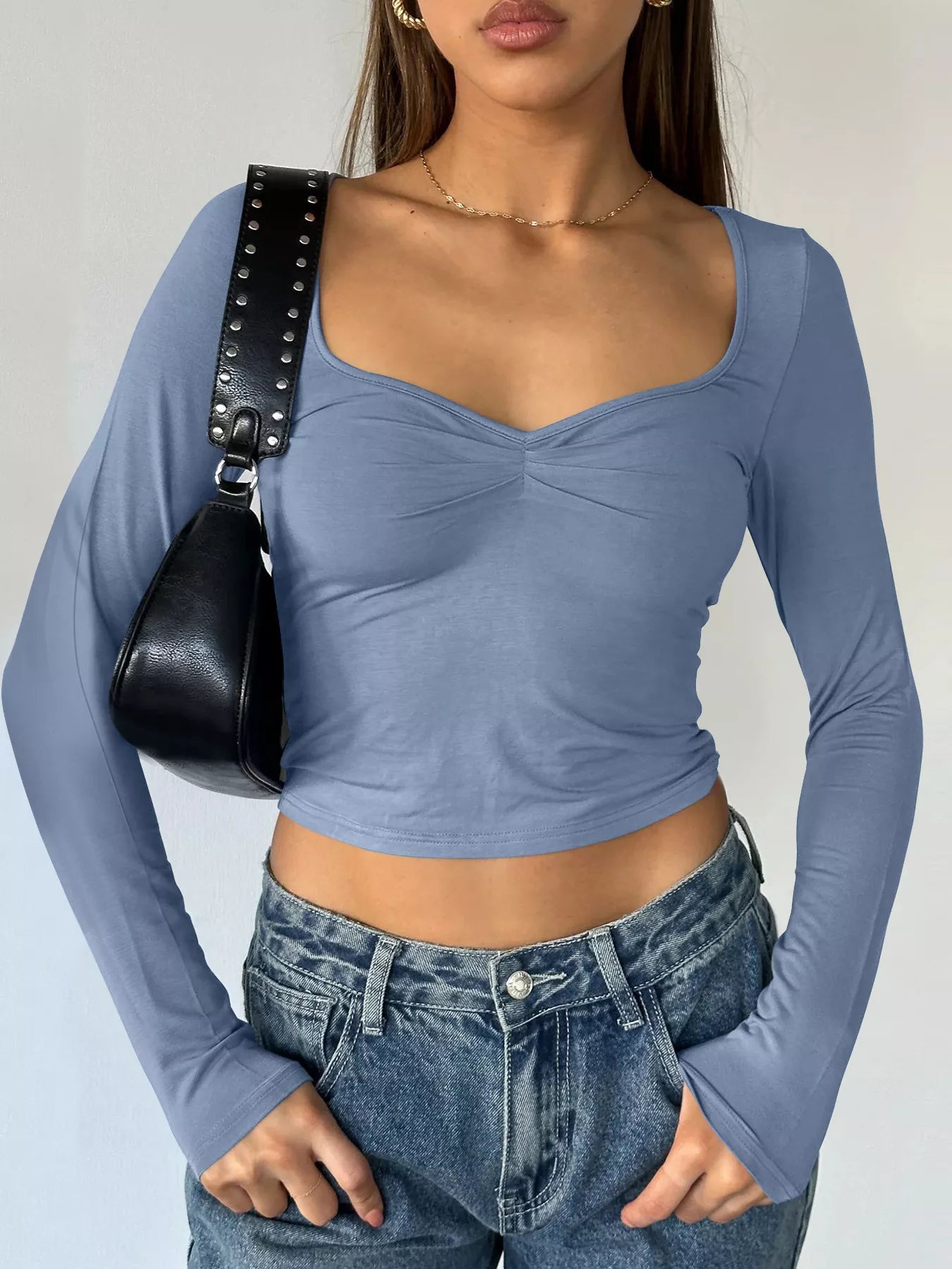 Long Sleeve Sweetheart Neck Crop T-Shirt - Godess beauty  #