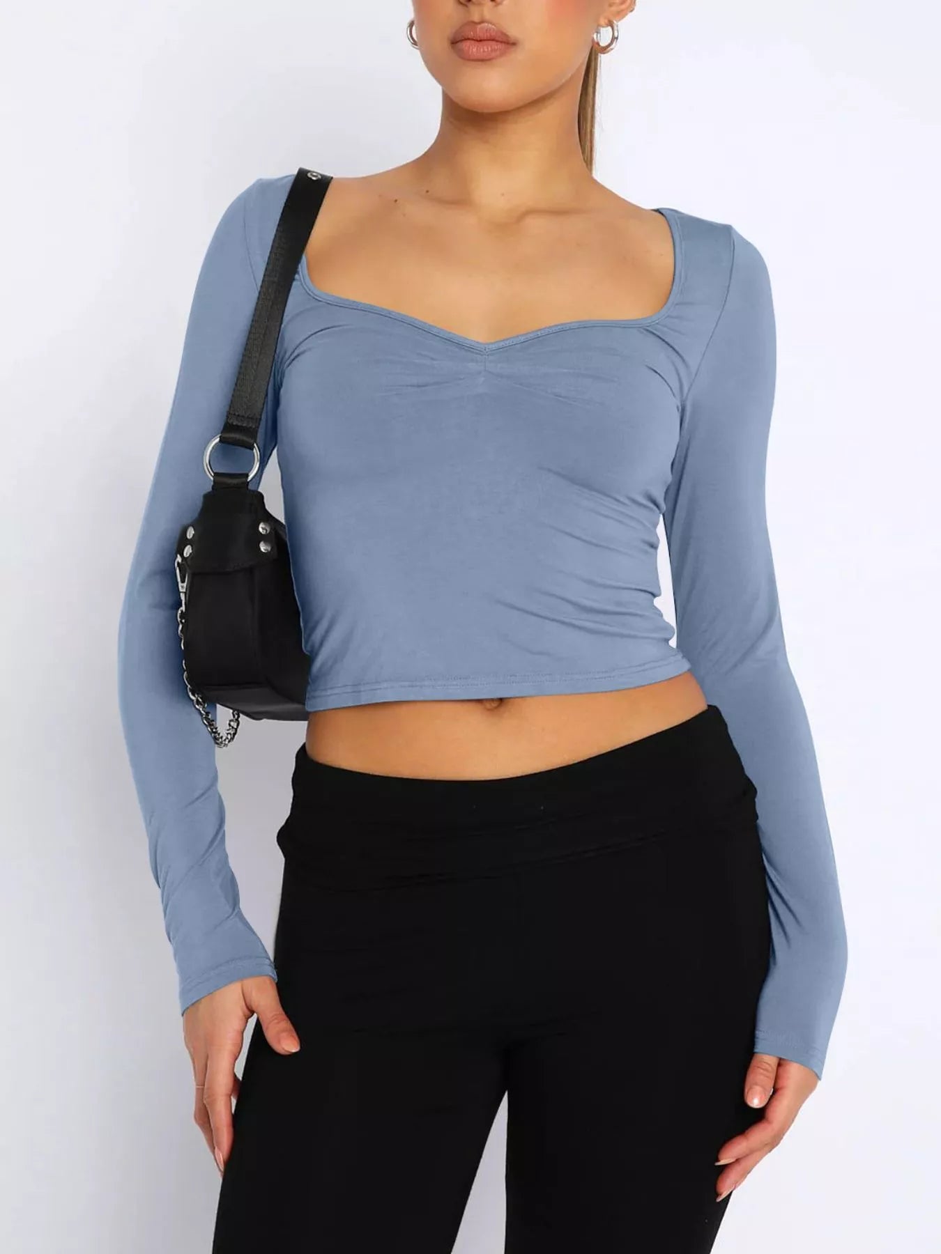 Long Sleeve Sweetheart Neck Crop T-Shirt - Godess beauty  #