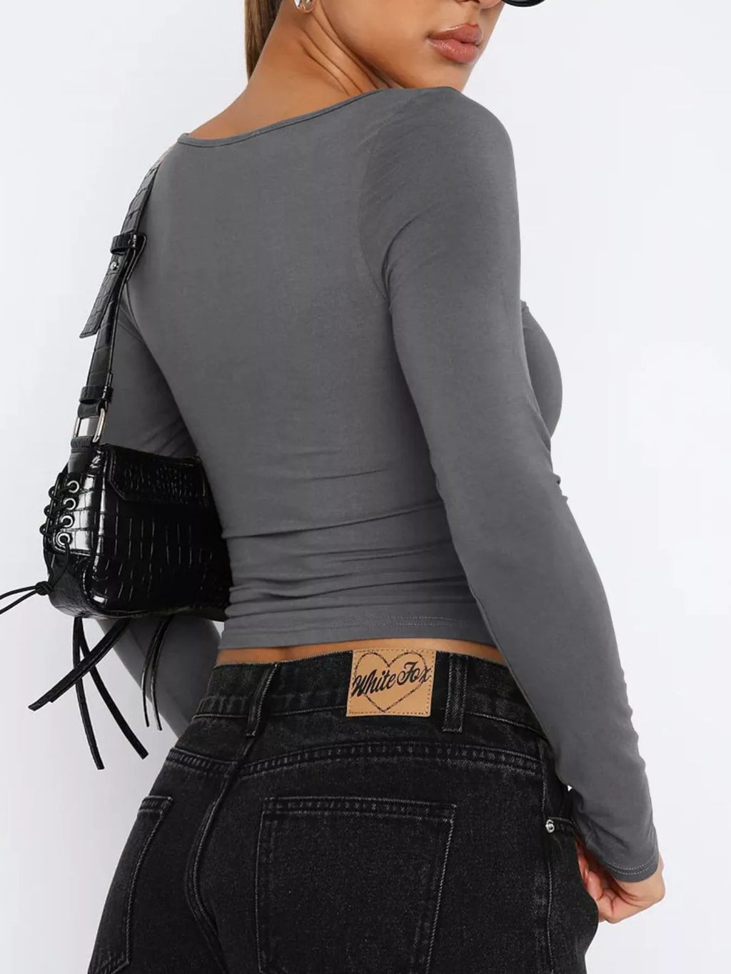Long Sleeve Sweetheart Neck Crop T-Shirt - Godess beauty  #