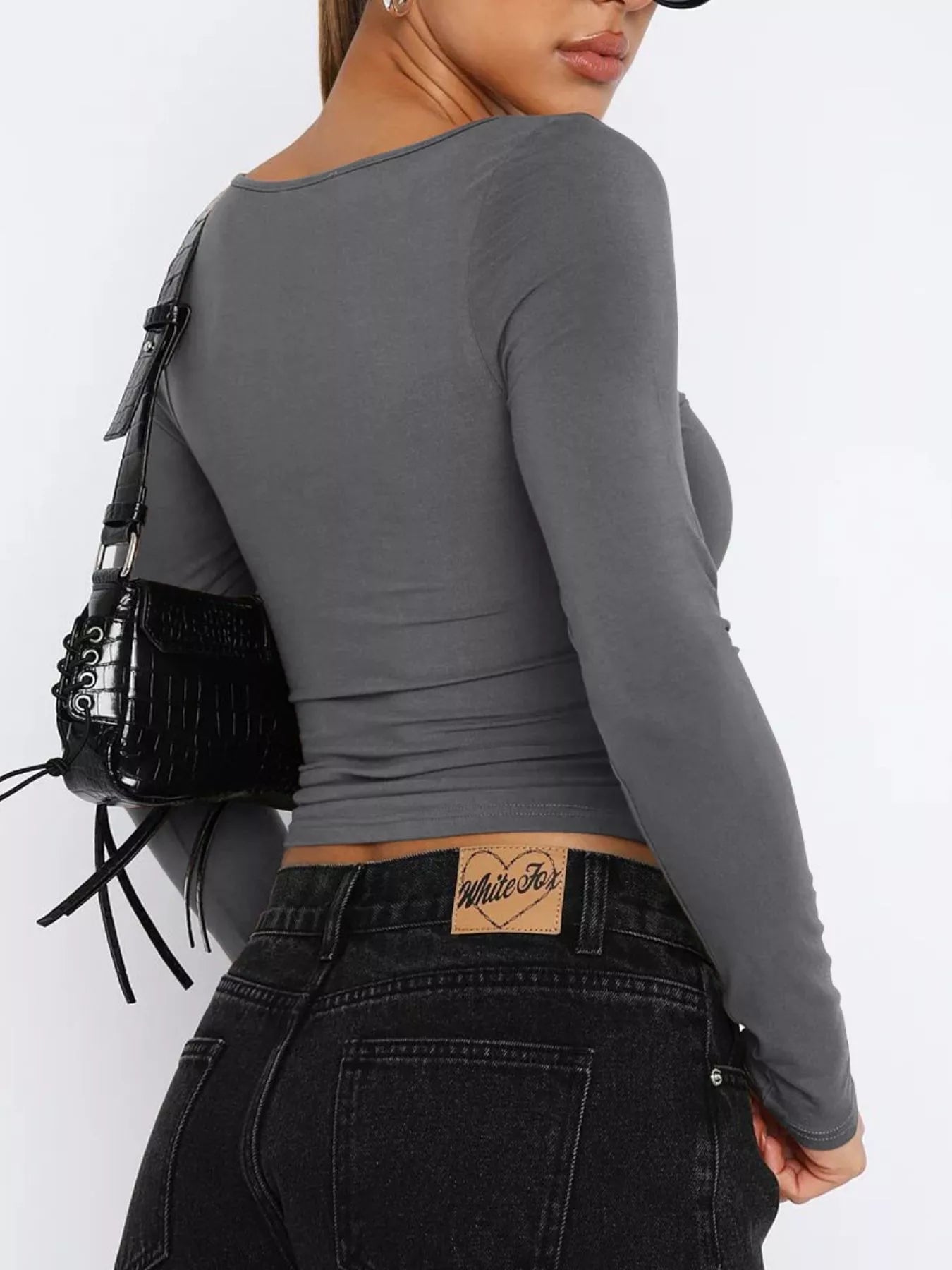 Long Sleeve Sweetheart Neck Crop T-Shirt - Godess beauty  #