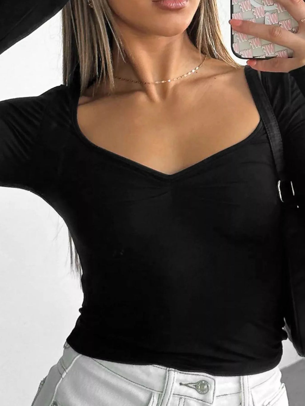 Long Sleeve Sweetheart Neck Crop T-Shirt - Godess beauty  #