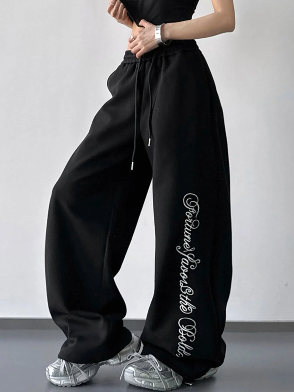 Loose Fit Drawstring Wide Leg Pants - Godess Beauty  #