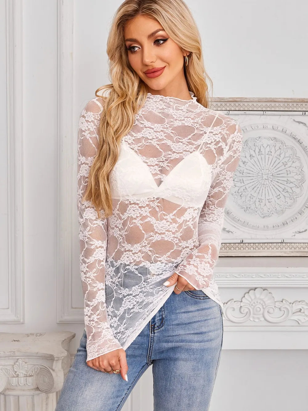 Mock Neck Long Sleeve Lace Sheer Top - Godess beauty  #