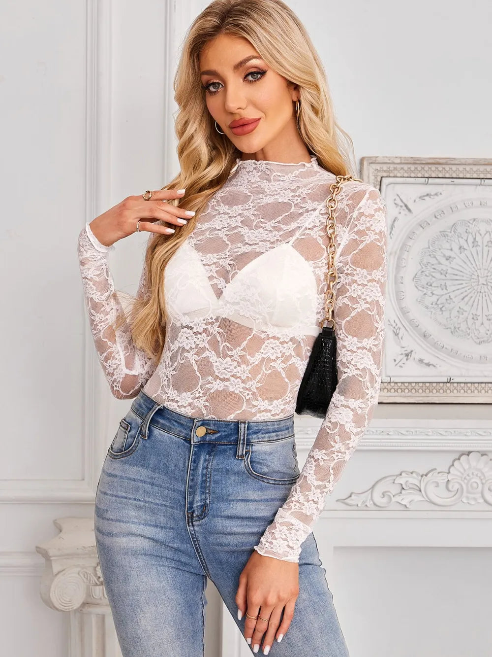 Mock Neck Long Sleeve Lace Sheer Top - Godess beauty  #