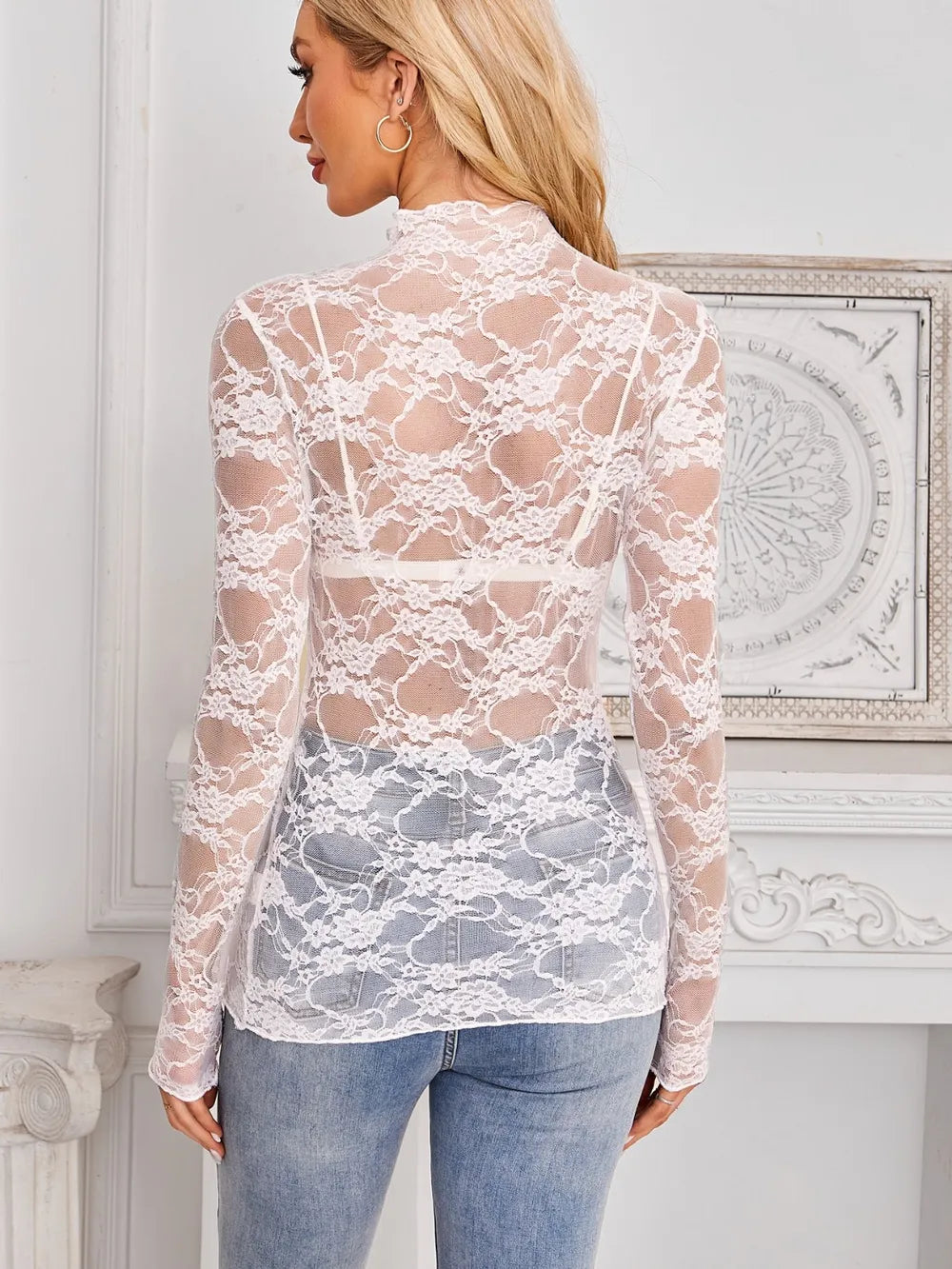 Mock Neck Long Sleeve Lace Sheer Top - Godess beauty  #