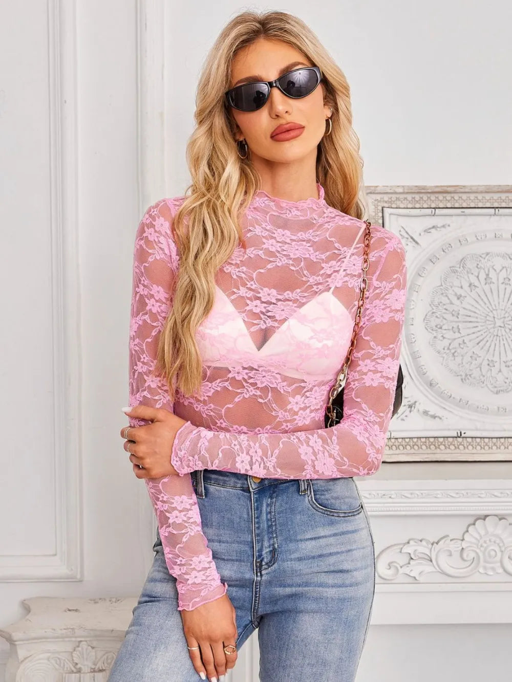 Mock Neck Long Sleeve Lace Sheer Top - Godess beauty  #