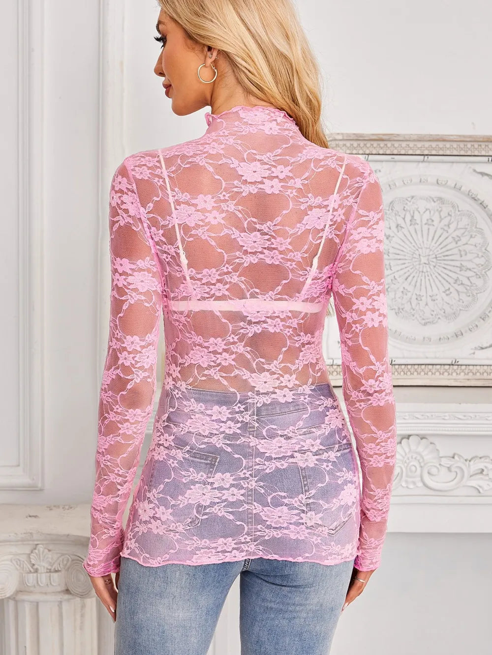 Mock Neck Long Sleeve Lace Sheer Top - Godess beauty  #