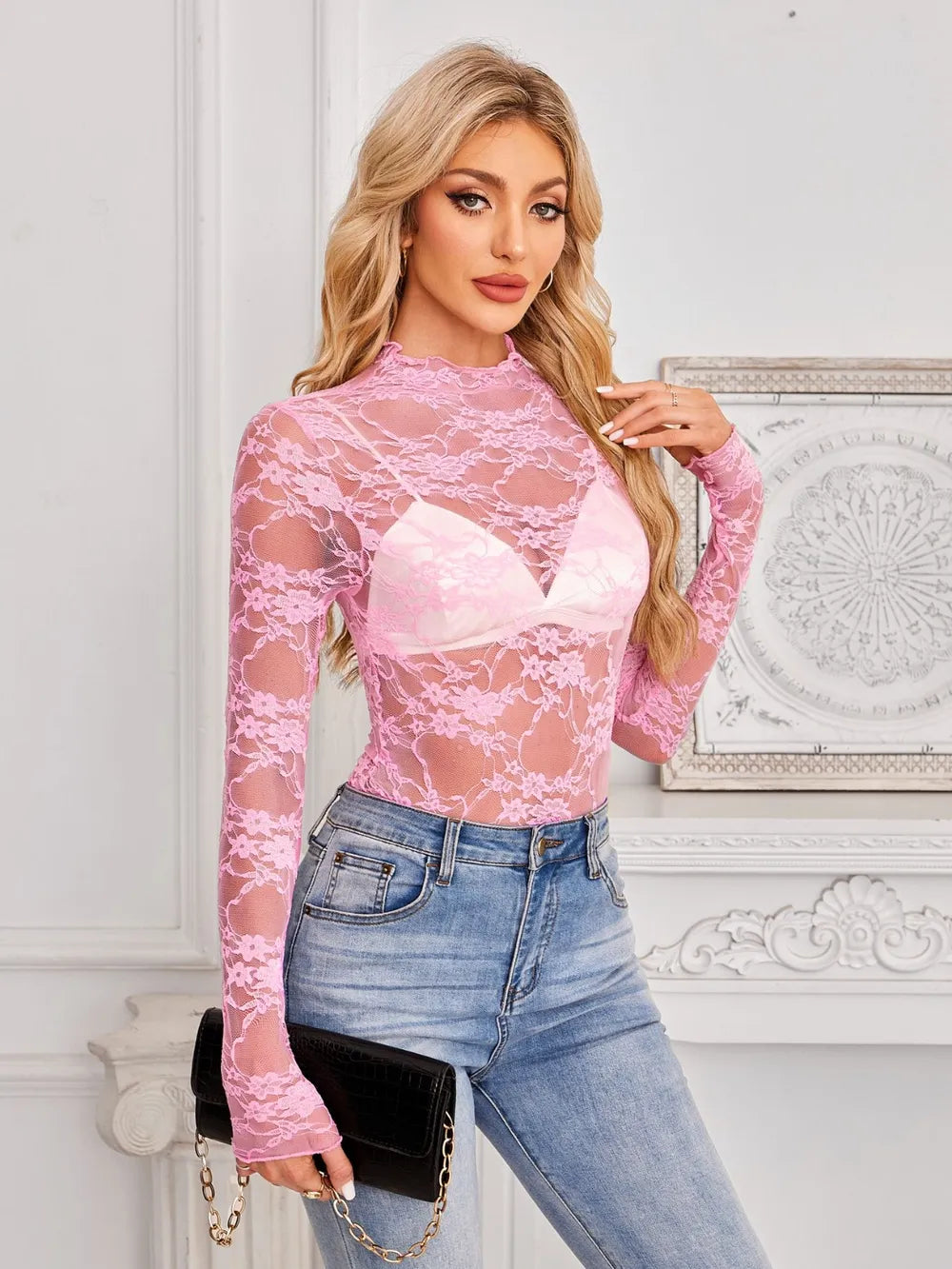 Mock Neck Long Sleeve Lace Sheer Top - Godess beauty  #