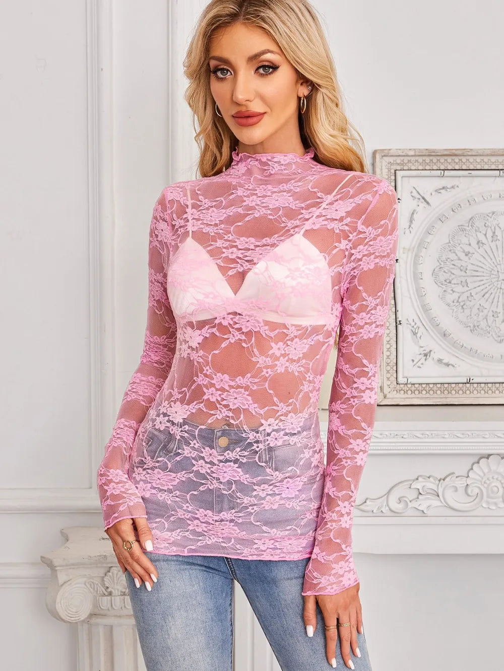 Mock Neck Long Sleeve Lace Sheer Top - Godess beauty  #