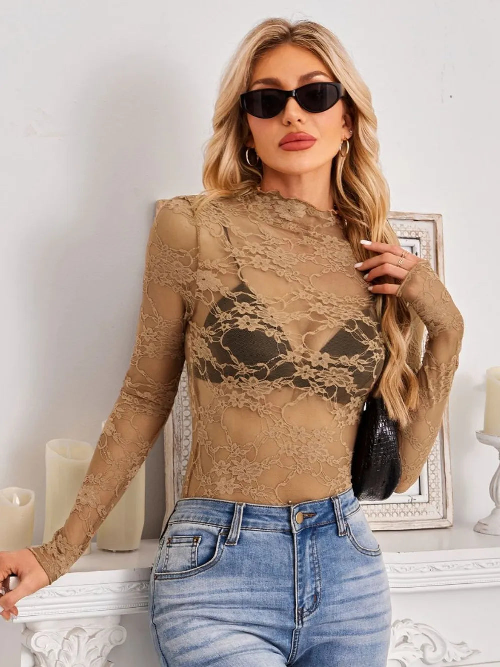 Mock Neck Long Sleeve Lace Sheer Top - Godess beauty  #
