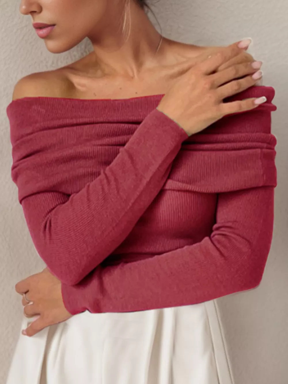 Off-Shoulder Long Sleeve Sweater - Godess Beauty  #