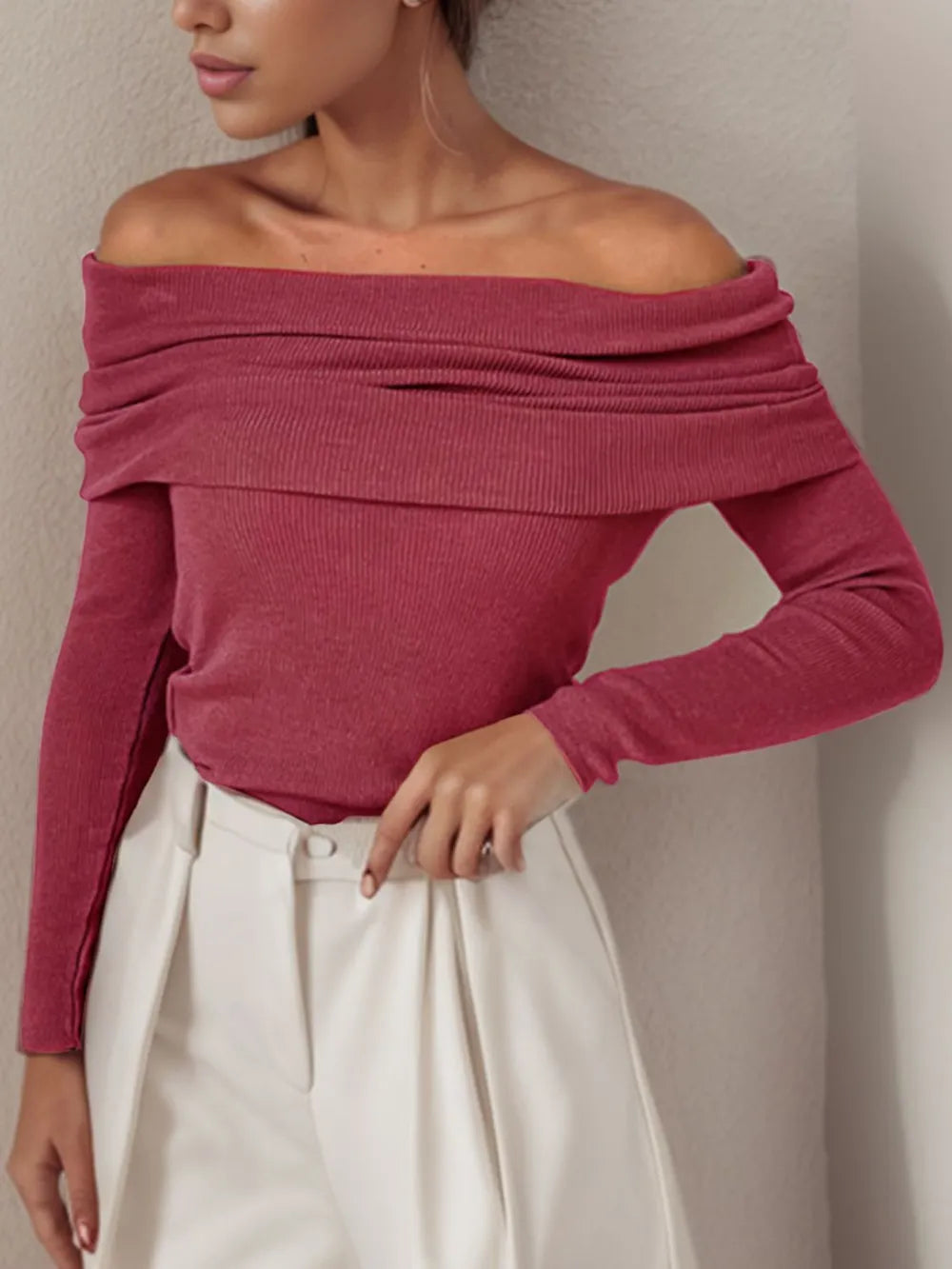 Off-Shoulder Long Sleeve Sweater - Godess Beauty  #