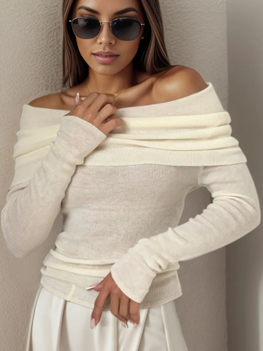 Off-Shoulder Long Sleeve Sweater - Godess Beauty  #