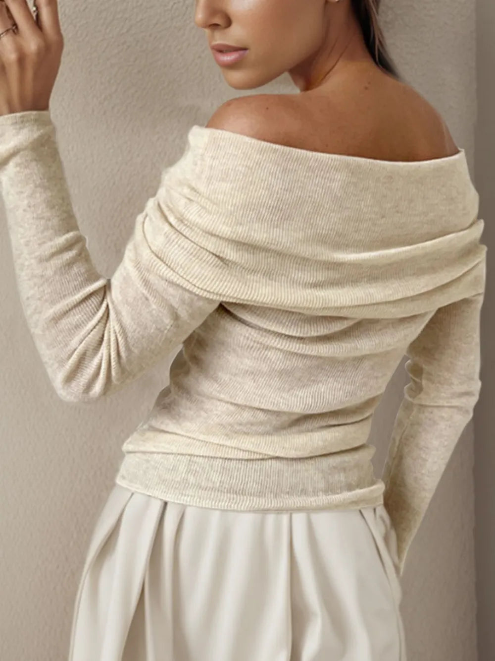 Off-Shoulder Long Sleeve Sweater - Godess Beauty  #