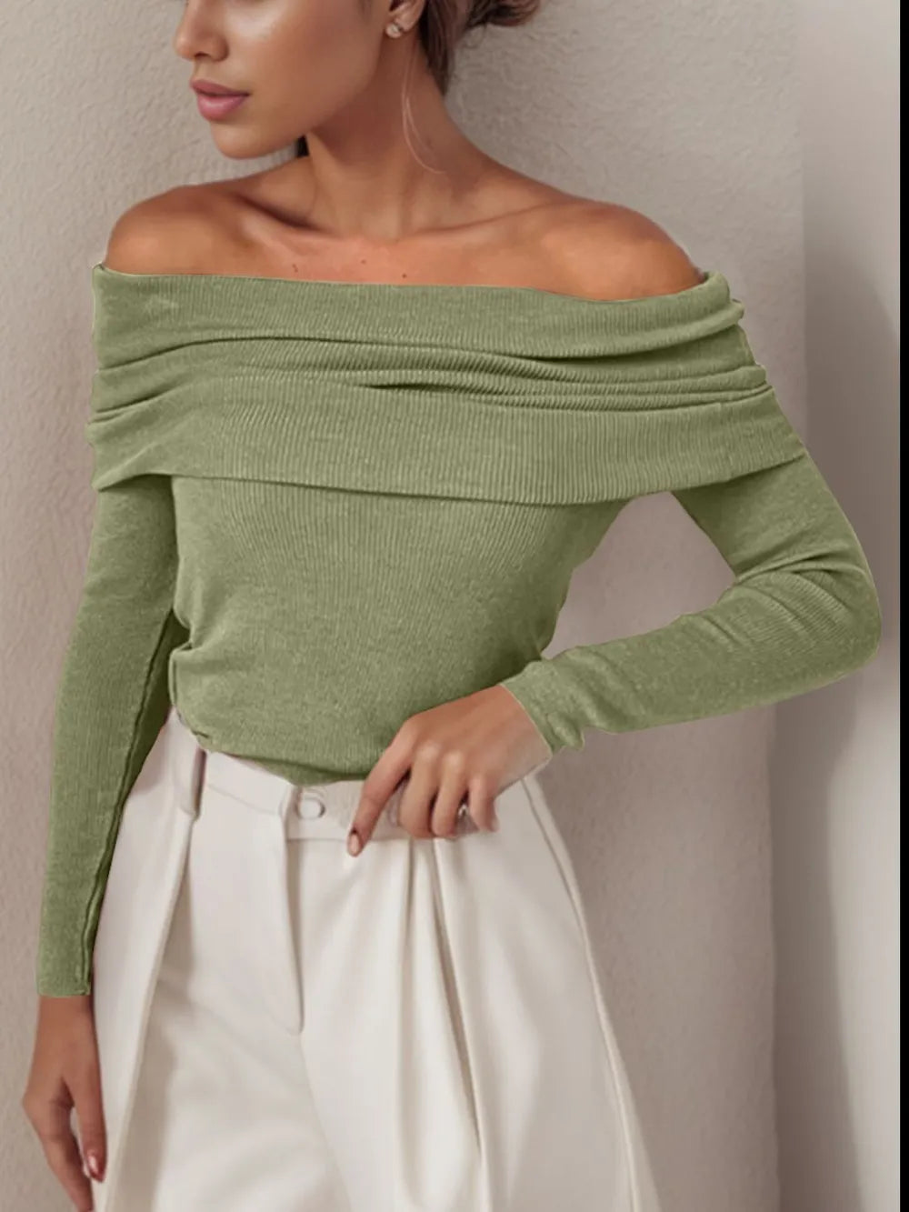 Off-Shoulder Long Sleeve Sweater - Godess Beauty  #