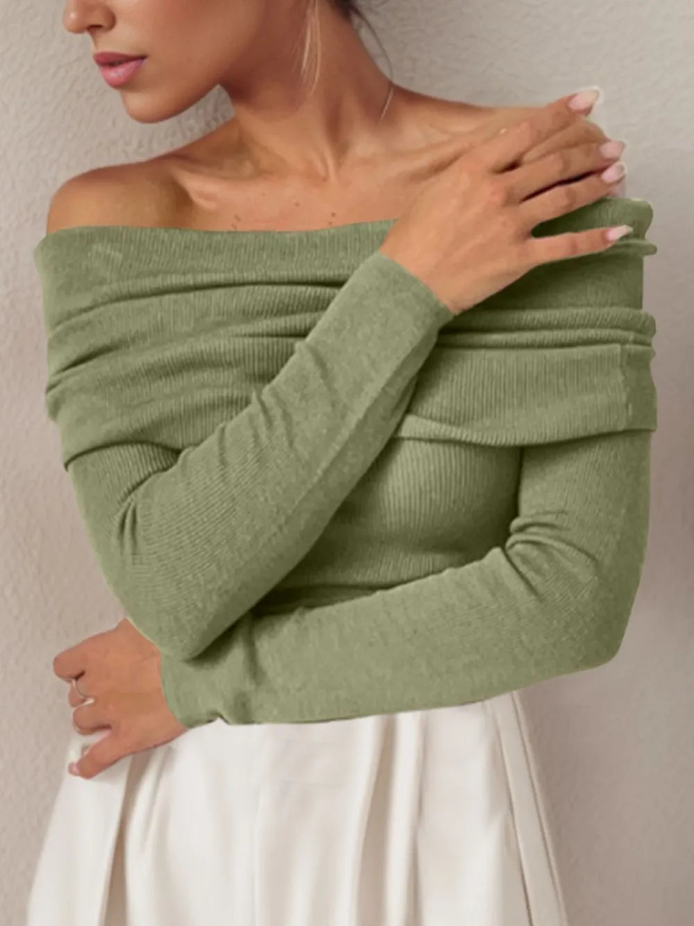 Off-Shoulder Long Sleeve Sweater - Godess Beauty  #