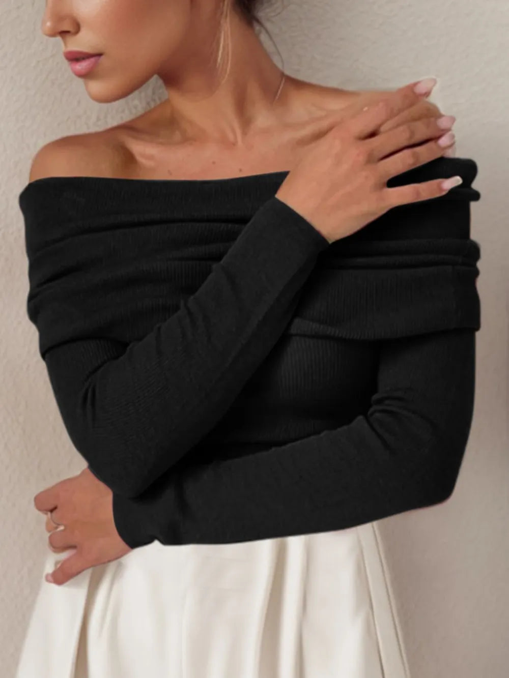 Off-Shoulder Long Sleeve Sweater - Godess Beauty  #