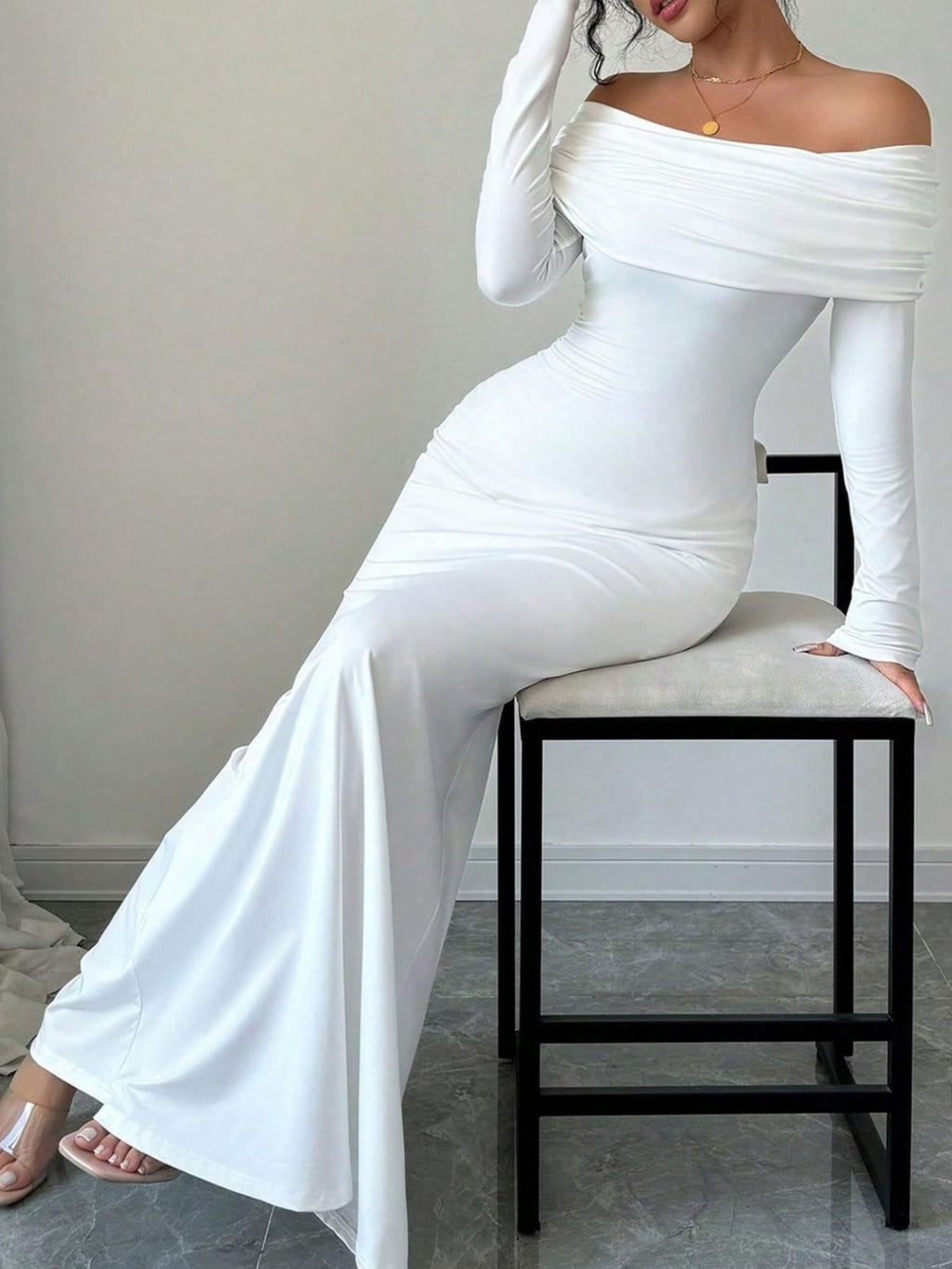 Off-Shoulder Ruched Bodycon Maxi Dress - Godess beauty  #
