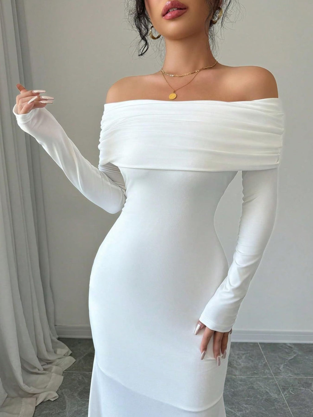 Off-Shoulder Ruched Bodycon Maxi Dress - Godess beauty  #