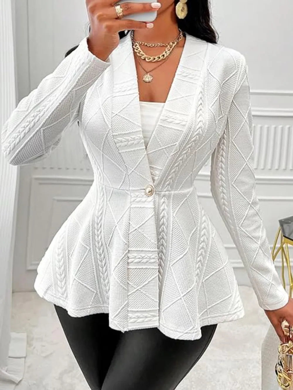 One Button Textured Peplum Cardigan - Godess Beauty  #