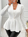 One Button Textured Peplum Cardigan - Godess Beauty  #