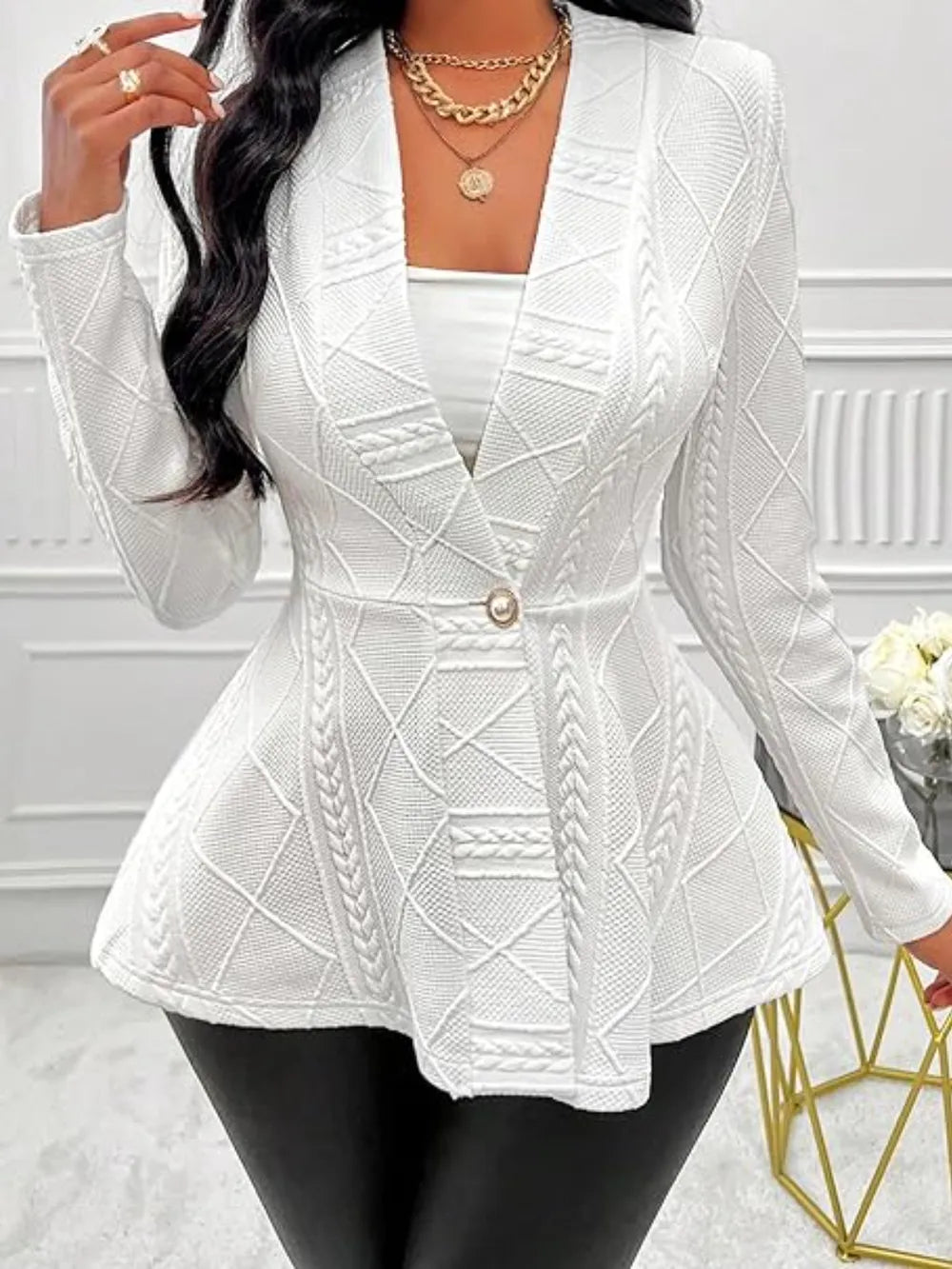 One Button Textured Peplum Cardigan - Godess Beauty  #