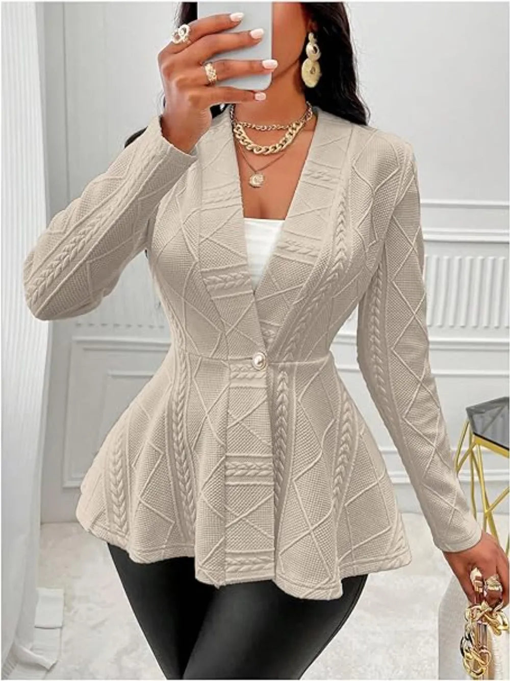 One Button Textured Peplum Cardigan - Godess Beauty  #