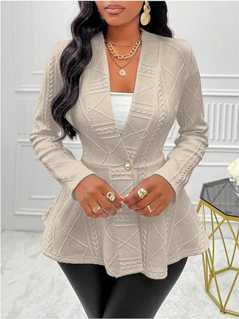 One Button Textured Peplum Cardigan - Godess Beauty  #