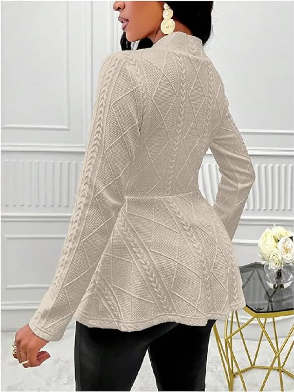 One Button Textured Peplum Cardigan - Godess Beauty  #